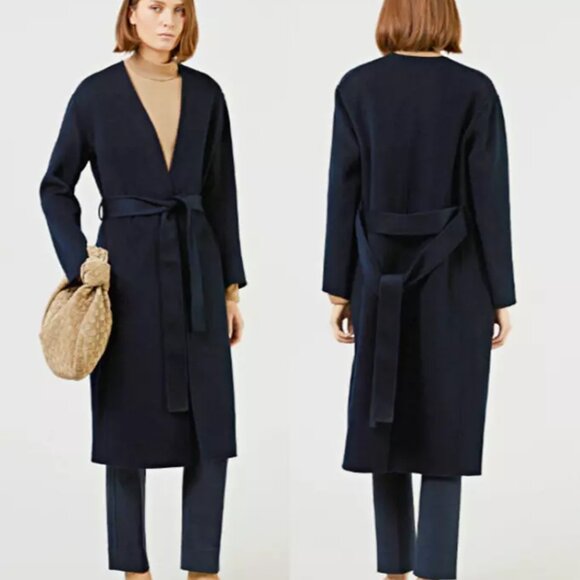 VINCE Wool-Cashmere-Blend Belted Collarless Coat
